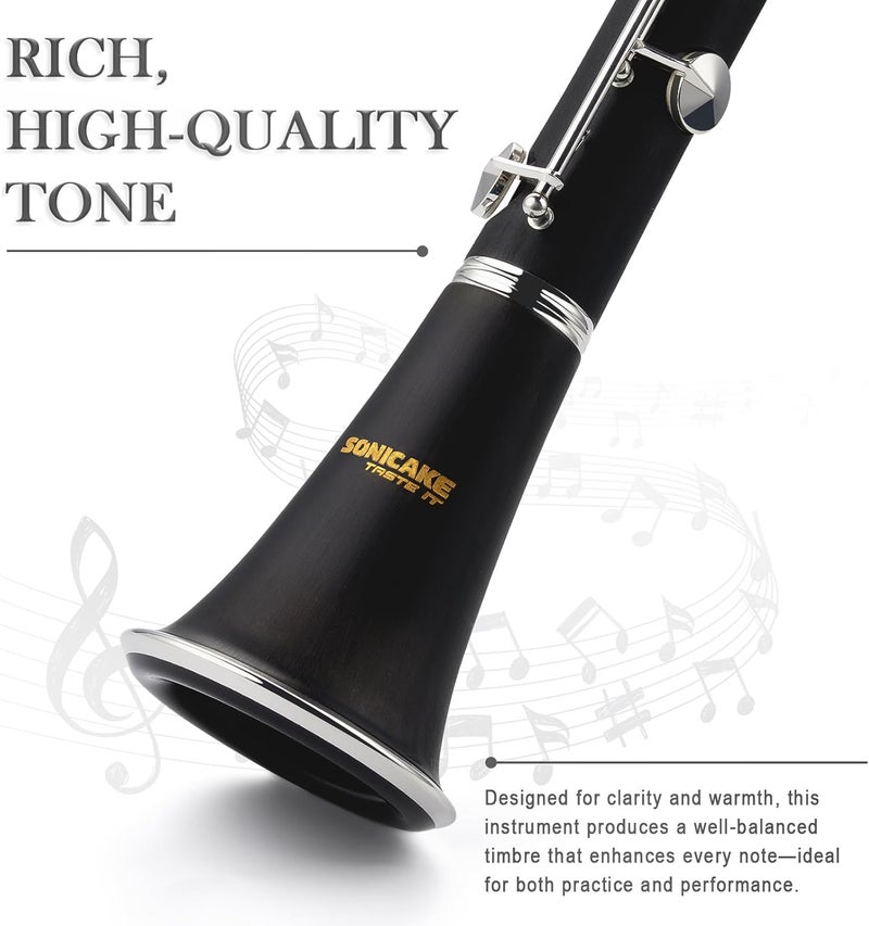 SONICAKE B Flat Clarinet for Intermediate Beginners & Student, Upgraded Ebonite Bb Clarinet Silver-plated with 2 Barrels, 4C Mouthpiece, Hard Case, Cleaning Kit, Black, QCR-11 - Image 5